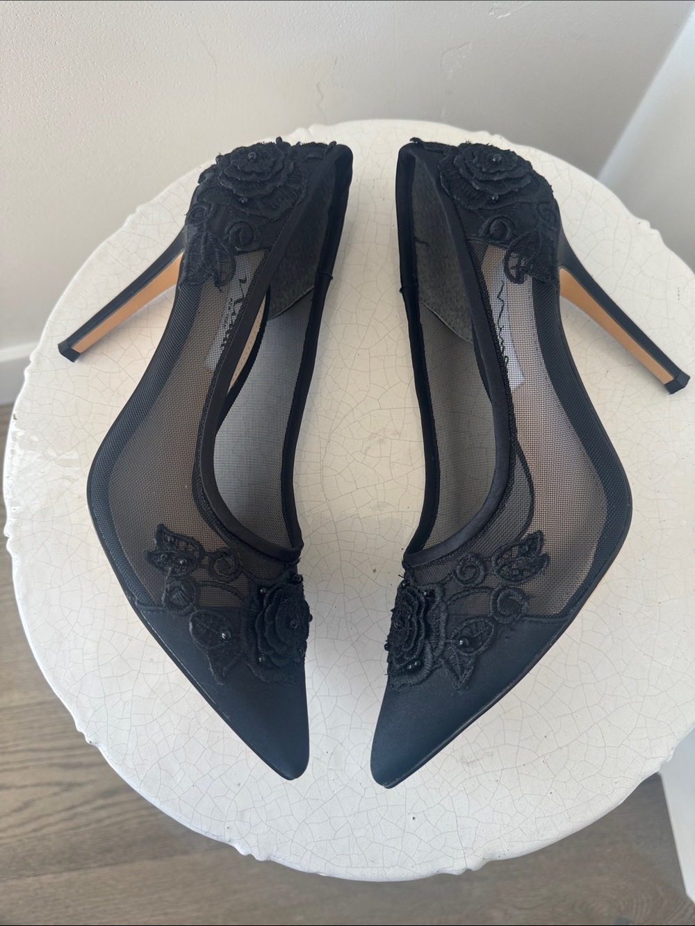 Nina DONELA Black Floral Appliqué Pointed-Toe Mesh Pumps Stiletto Heels Size 7.5 - Picture 10 of 12